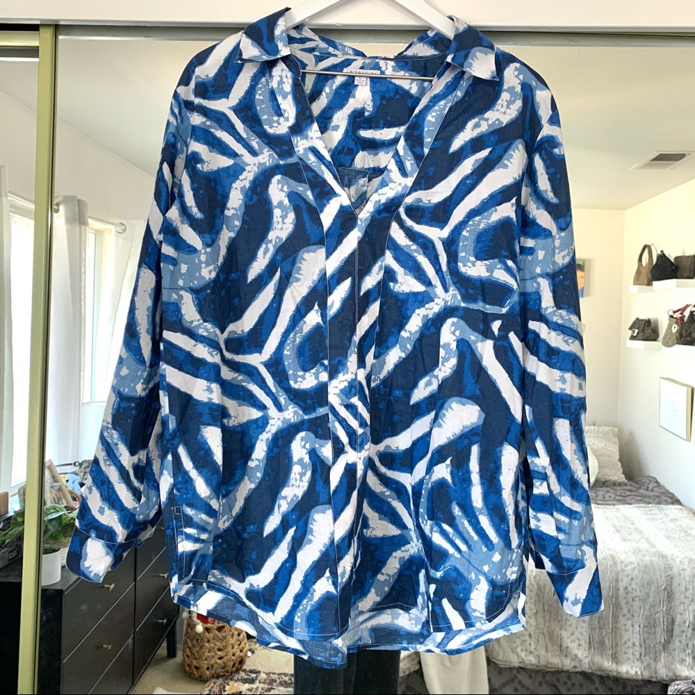 Larsen Gray Blue Print Cotton Popover Top Blouse